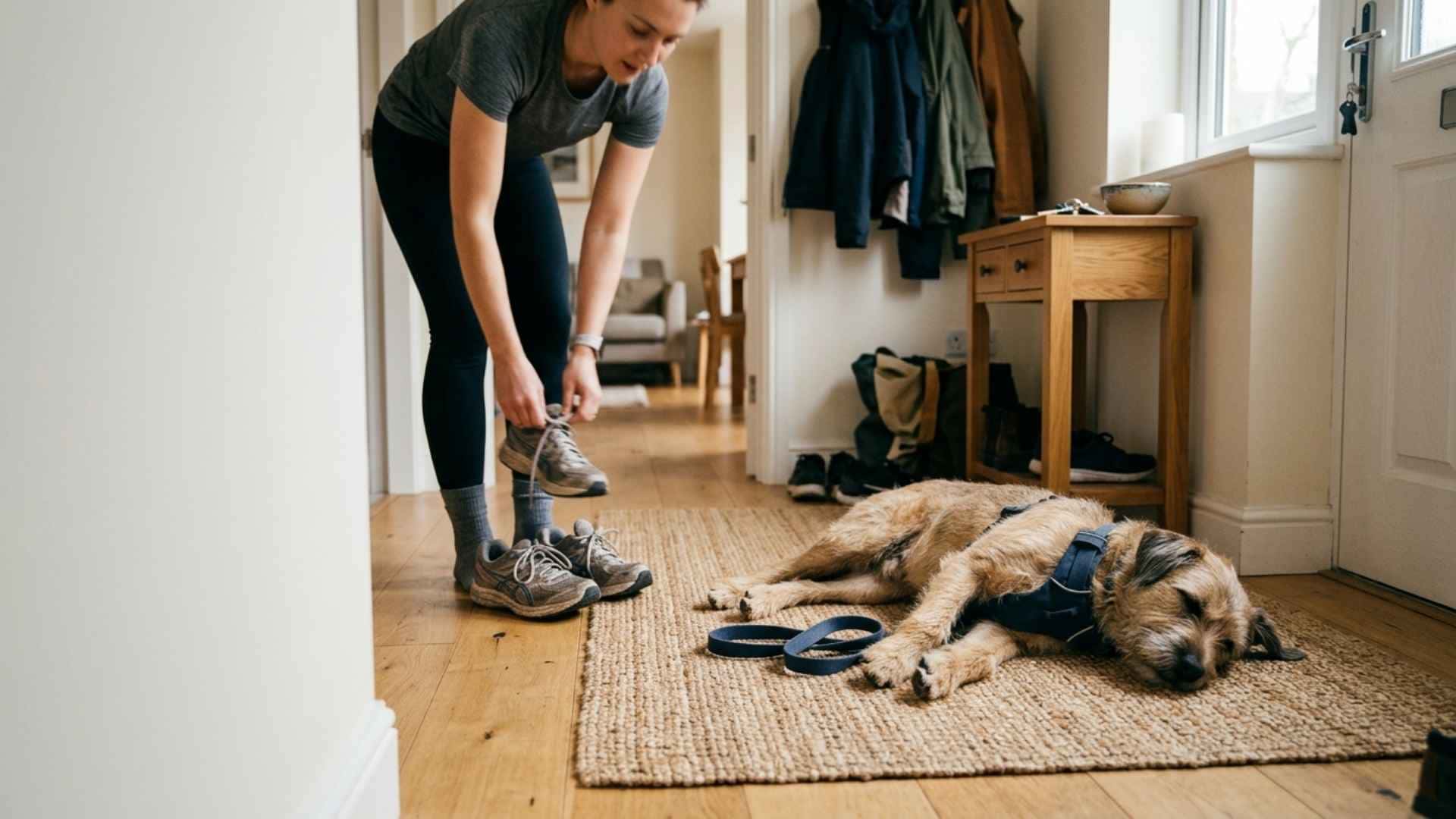 tutor preparandose para salir a pasear con su perro
